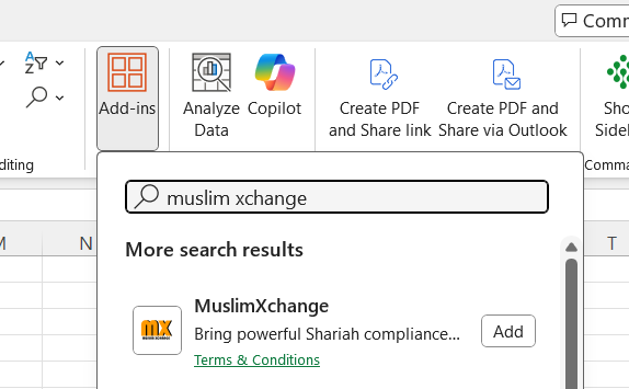 Muslim Xchange Excel Add-In Search Screenshot